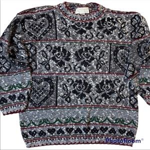 Grandma Chic Sweater Vintage 80s Sweater Bold Print Size LP Black, Grey, White